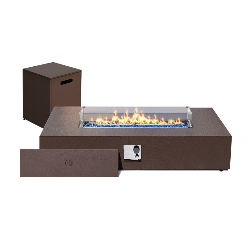  56-Inch Rectangular Iron Propane Gas Fire Pit Table with Hidden Fuel Tank and Glass Wind Guard, Dark Brown, Brown, Rectangle