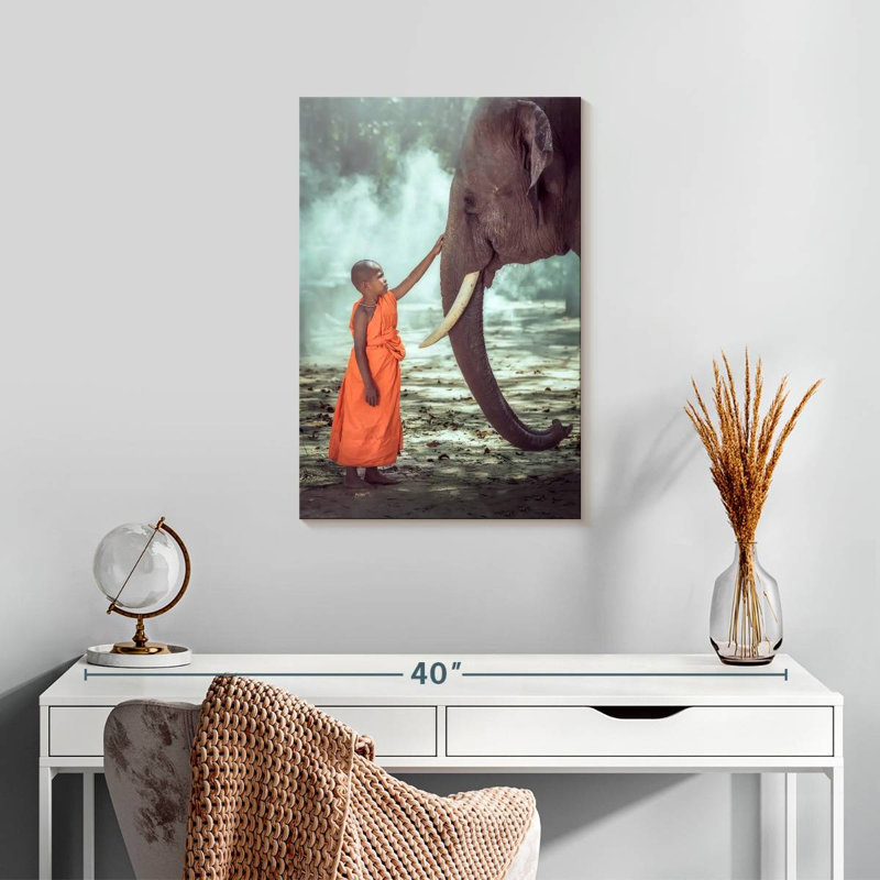 Brampt Young Monk And Elephant, 24" H x 16" W