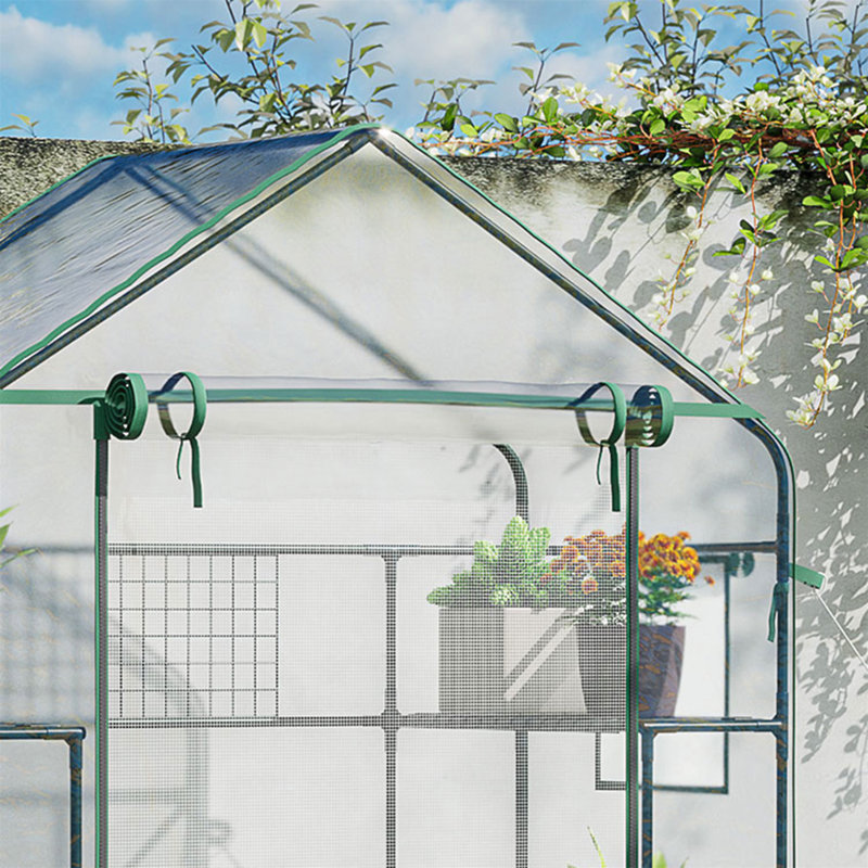 Outdoor Walk-In Mini Greenhouse With Mesh Door & Windows, Small Portable Garden Green House With 3 Tiers 6 Shelves, Trellis, & Plant Labels