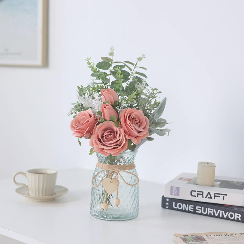 Fake Flowers Artificial Blue Flowers with Vase, Table Centerpieces for Dining Room, Silk Flower Arrangements for Home, Living Room Bathroom Plant Decor, Centerpiece Table Decorations