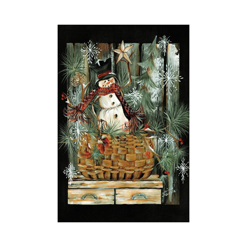 Bonhomme de neige dans un panier - reproduction d'art murale - toile tendue, H 40 po x l 26 po, Toile tendue