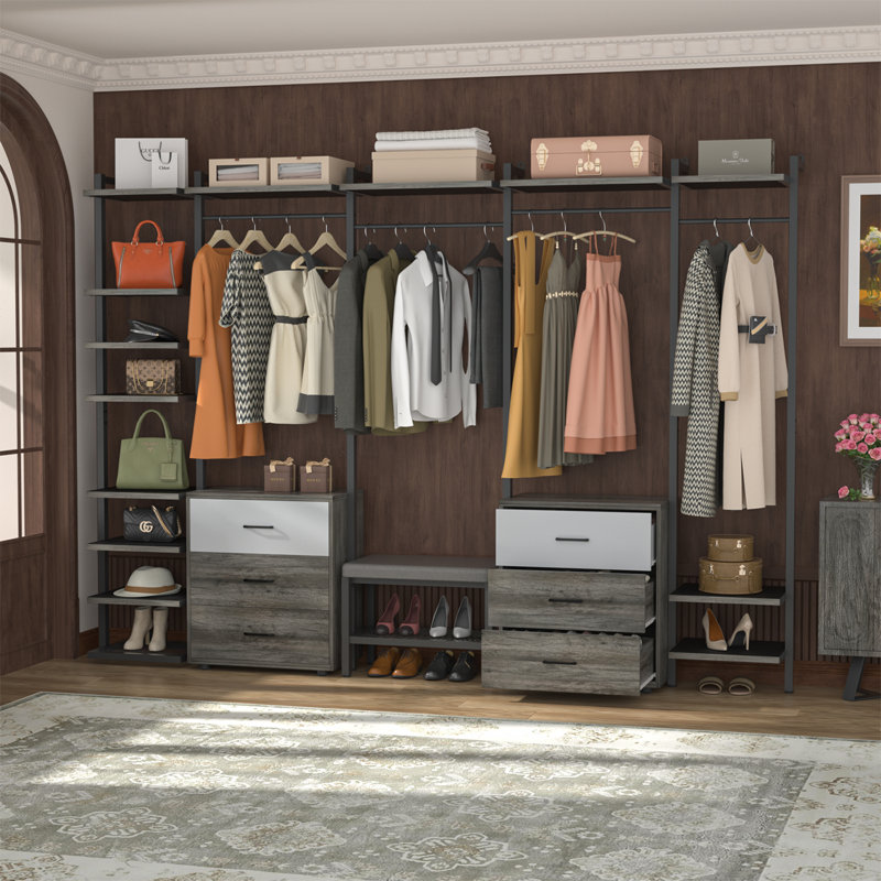 68"-96" Closet Organizer With 6-Drawers,4 Clothing Rack, Gray