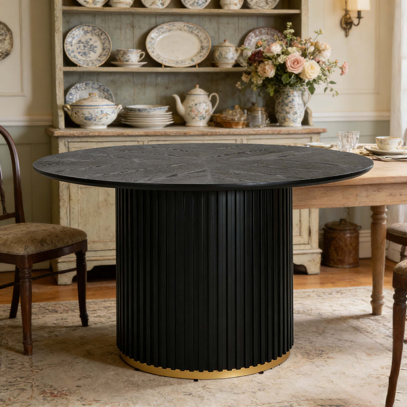 Table de salle à manger à piédestal ronde 47,25 po, base cannelée moderne avec accents dorés, fabrication en panneau de fibres à densité moyenne et en fer, noir pour la salle à manger