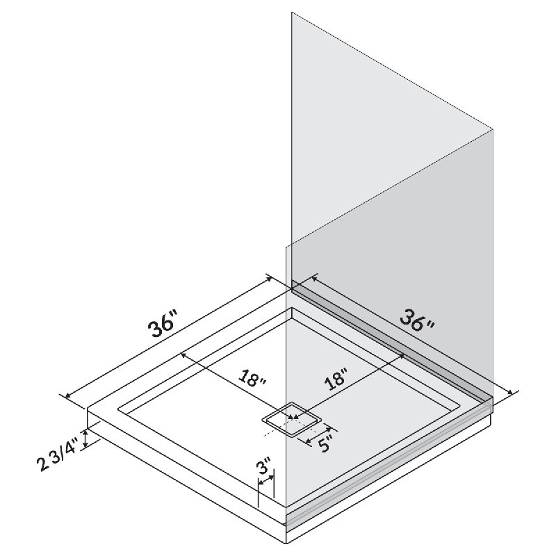 Base de douche 36 po x 36 po, Centre, Double seuil à gauche