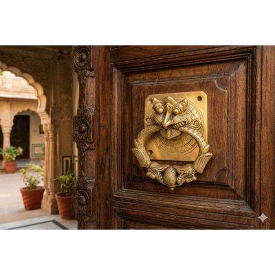 Heurtoir de porte en laiton Kirtimukha fabriqué à la main, porte d'entrée traditionnelle de 21 pouces