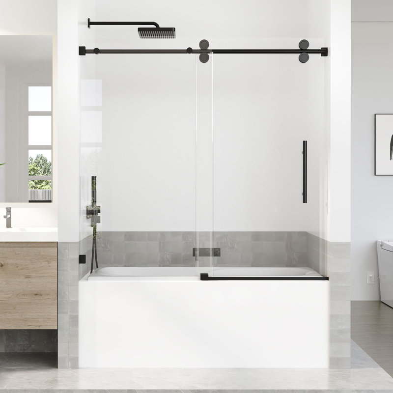 56-60 In. W X 66 In. H Single Sliding Frameless Tub Door With 5/16 In. Tempered Clear Glass, Matte Black