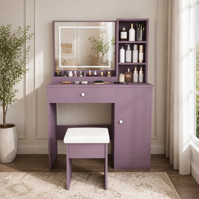 Stylish Vanity Desk Set with Padded Stool & Adjustable LED Lighted Mirror, 3 Lighting Modes, Modern Bedroom Makeup Vanity Desk Combo