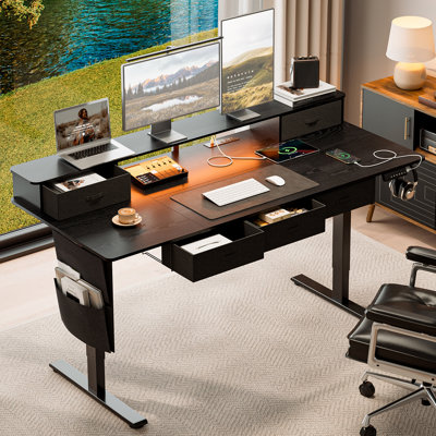 Bureau assis-debout avec 5 tiroirs, concentrateur électrique, lumières DEL, tablette de moniteur et gestion des câbles
