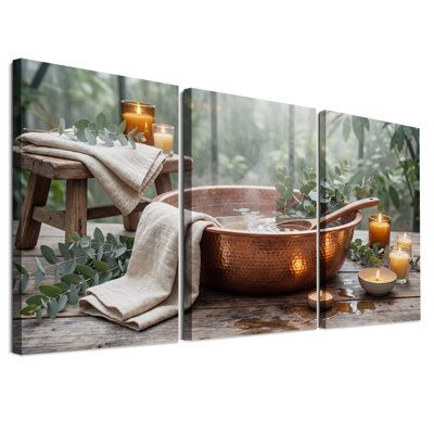 Hammered Copper Bowl with Eucalyptus and Candles Set Of 3 Canvas Wall Art