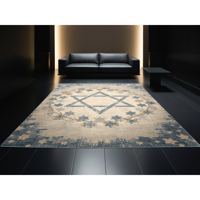 Soft Plush Esquer Hanukkah Modern & Contemporary Abstract Area Rug in Beige – SkyBlue Binding, 2x4