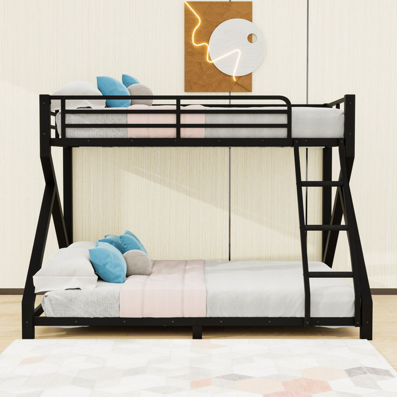 Metal Bunk Bed with Reinforced Slats, Guardrails and Built-In Ladder, Twin Extra Long Over Queen