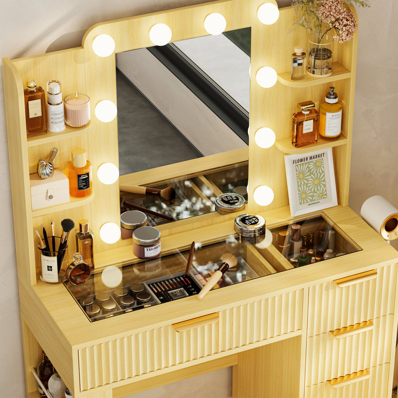 Vanity Table With Mirror And Lights, Vanity Desk And Cushioned Stool Set With Charging Station, Storage Drawers And Transparent Tabletop
