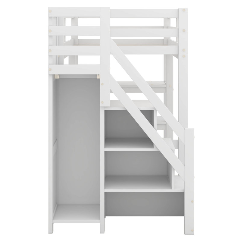 Lit mezzanine avec escalier et tablettes de rangement, structure de lit mezzanine en bois avec lumières DEL et bibliothèque, lits mezzanine peu encombrants