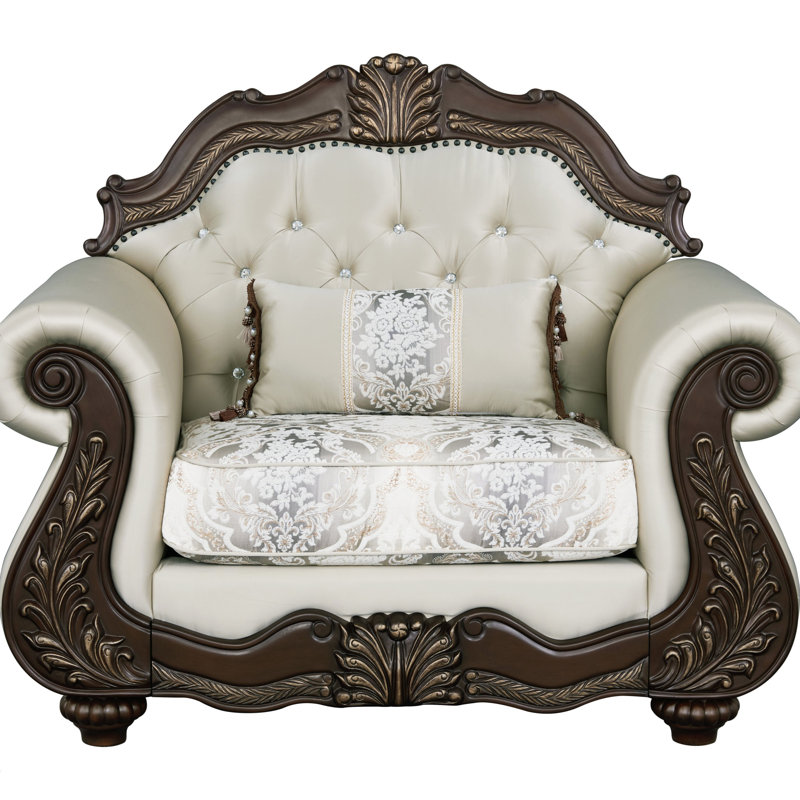 Fauteuil en cerise et tissu beige Pierce