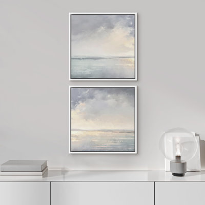 Sunrise Over Ocean Calm Seascape Coastal Beach Decor - Framed Canvas Bedroom Wall Art Set 2 Print