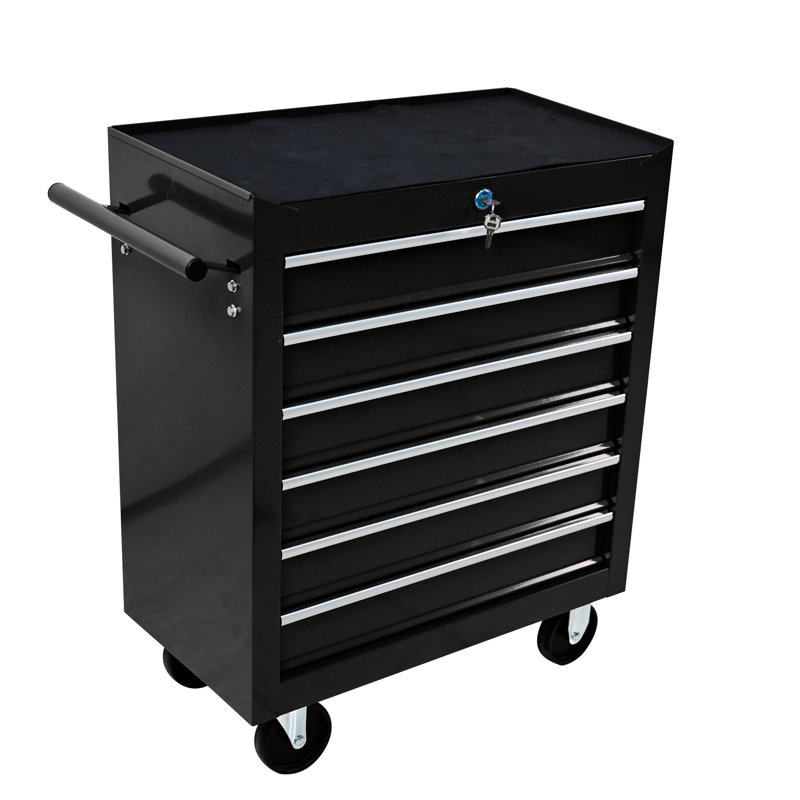 Rangement pour outils de travail à 6 tiroirs avec serrure et mouvement fluide - roues noires, pour usage industriel