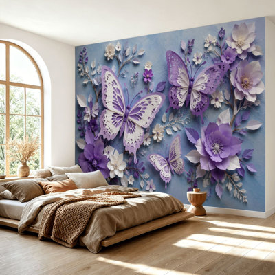 Papier peint adhésif papillons mauves, papier lavande blanc, fleurs, bleu doux, papier auto-adhésif amovible, décoration murale pour salon, chambre à coucher H 69 po x l 96 po