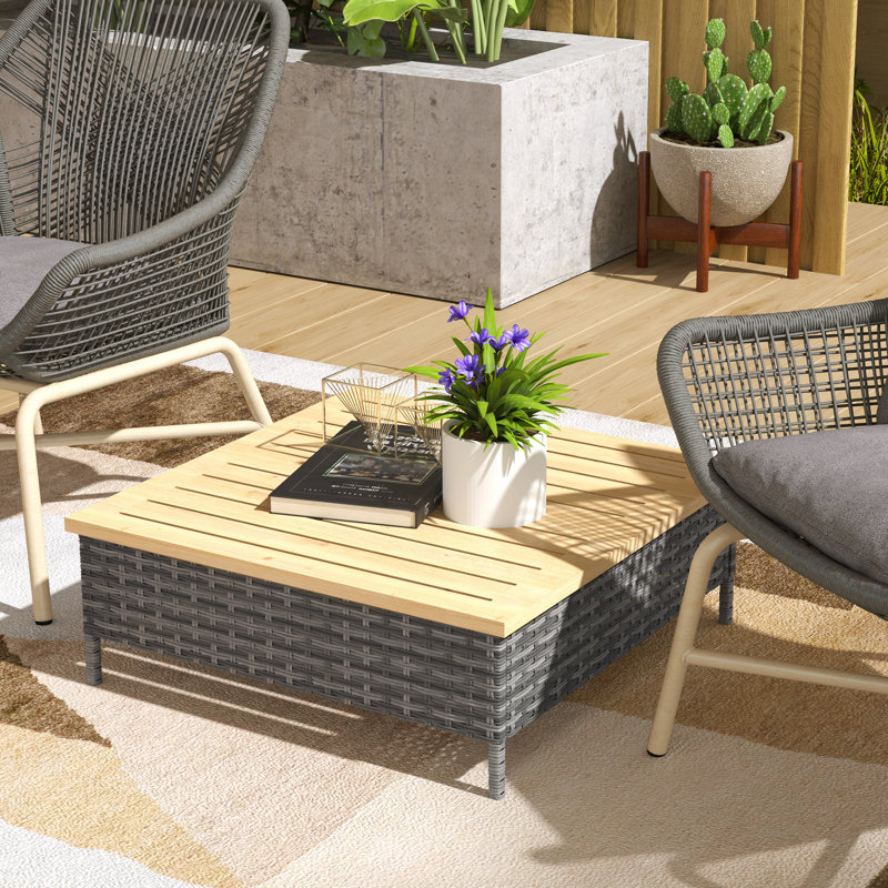 Outdoor Side Table with PE Rattan, Patio End Table with Natural Fir Wood Top, Weather Resistant Accent Table for Patio Pool Porch, Gray