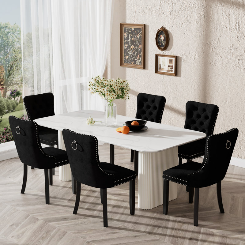 Ensemble de table de salle à manger Elegant Marble, Noir, 7