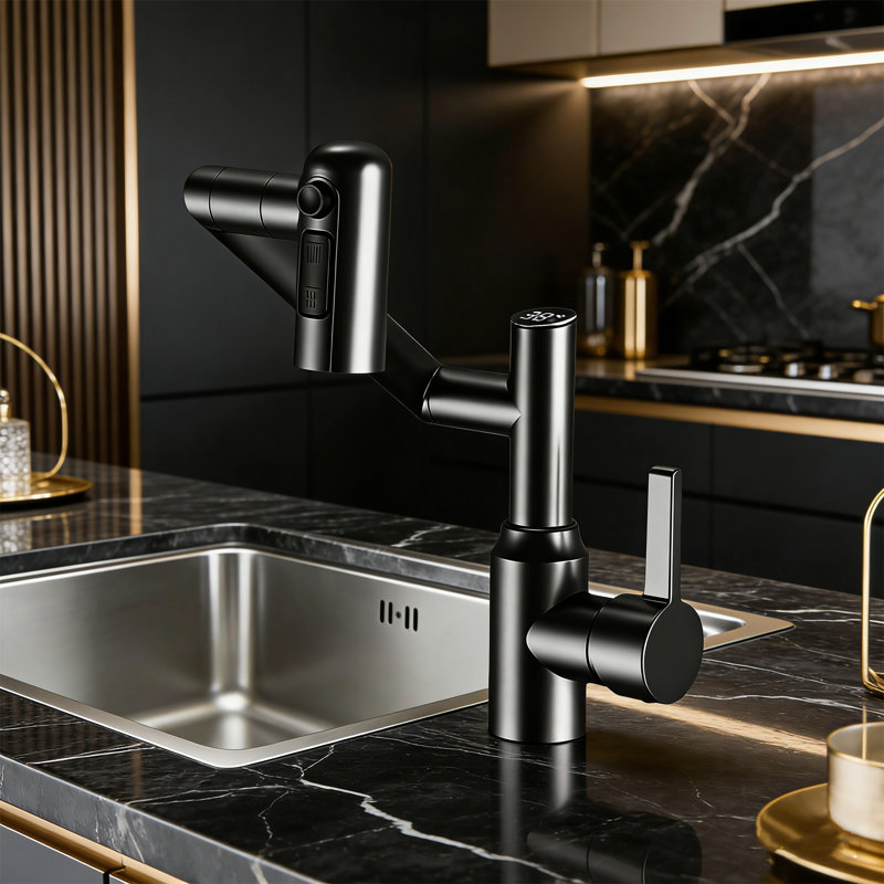 Rotatable Bathroom Faucets With Temperature Display 3 Water Outlet Modes Matte Black