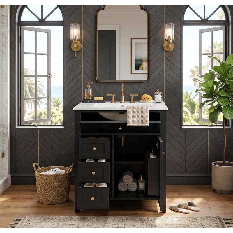 Meuble-lavabo autoportant de 24 po avec lavabo en céramique, 1 tiroir basculant, 3 tiroirs et armoire avec tablettes réglables