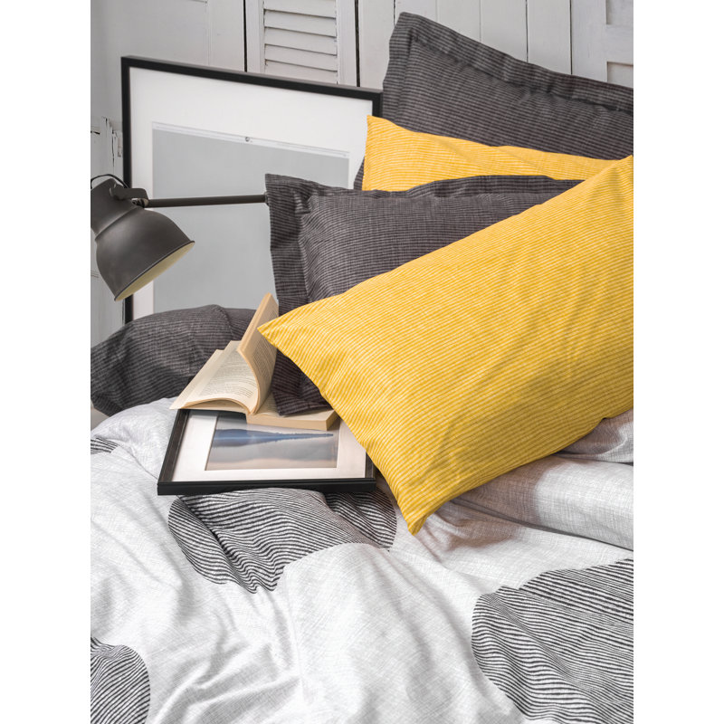 Ensemble de housse de couette 100% coton jaune / gris / blanc Aeilt, Housse de couette simple + 1 taie d'oreiller 24 po
