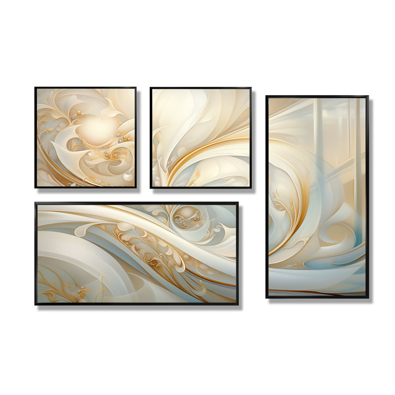 «Tender Whirling White Illustration IV - Abstract Spirals», art mural sur toile 4 pièces, Noir