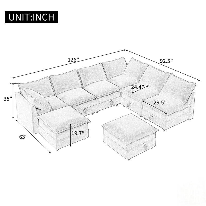 Canapé-lit modulaire polyvalent 8 pièces avec rangement, coussins décoratifs élégants à double couche, conception confortable et durable, parfait pour tout espace de vie