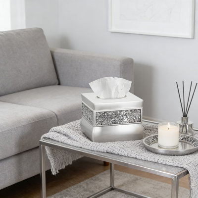 Crackled Glass Tissue Box Cover With Sliding Base - Decorative Resin Tissue Holder For Bathroom, Living Room, Or Office Home Decor