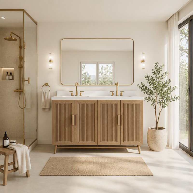 Meuble-lavabo autoportant de 60 po avec lavabo simple, construction en bois massif et plateau blanc d'ingénierie entièrement assemblé