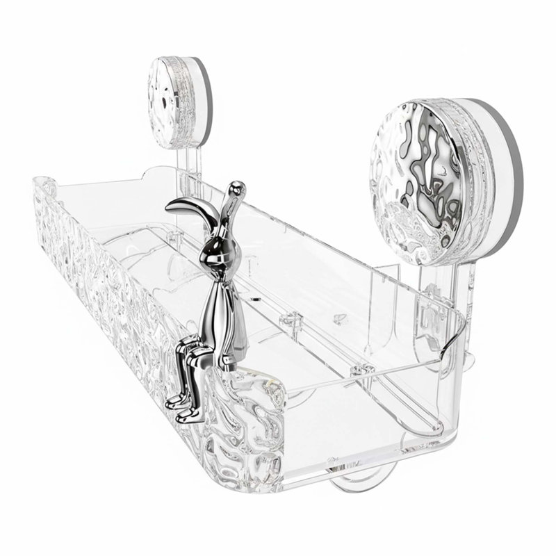 No Drilling Suction Cup Shower Caddy Wall Mounted Clear Shelf Basket with 4 Movable Hooks for Smooth Walls