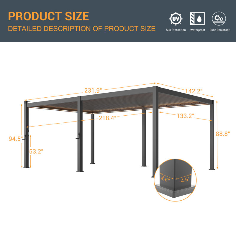 Patio Louvered Aluminum Pergola with Solar LED, Dark Gray, 12 Ft. x 20 Ft.	