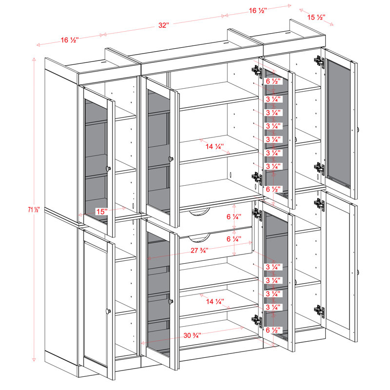 Grande armoire de cuisine Doerschuk avec portes en verre et 2 tiroirs, tablettes réglables, armoire de rangement modulaire pour la cuisine, l 65 po x H 71,5 po
