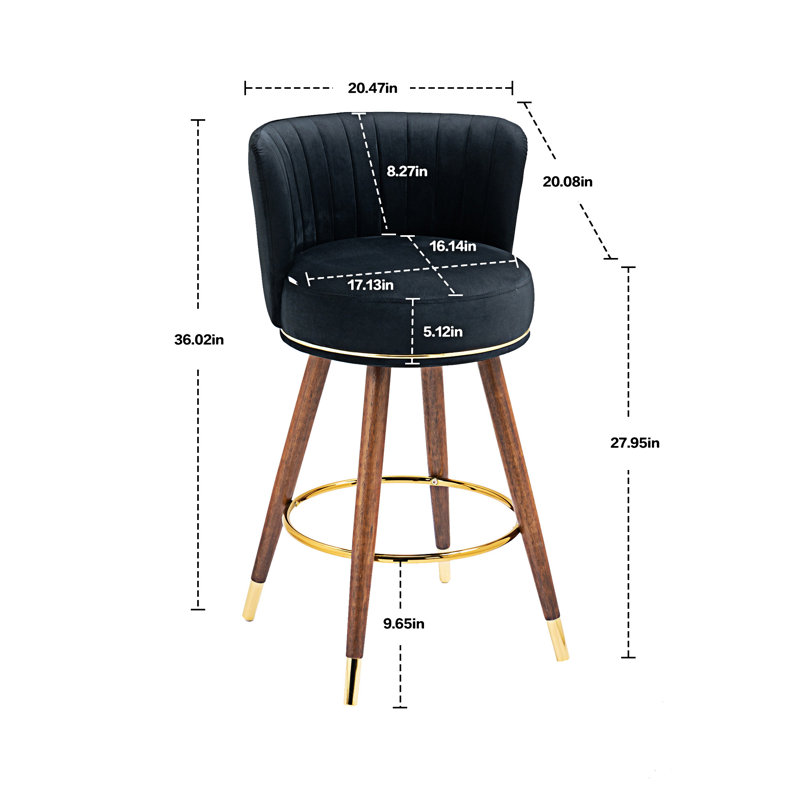 COOLMORE Counter Height Bar Stools Set Of 2 For Kitchen Counter Solid Wood Legs With A Fixed Height Of 360 Degrees, Black
