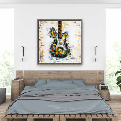 Guitare abstraite et colorée - Toile encadrée orange pour «Man Cave»
