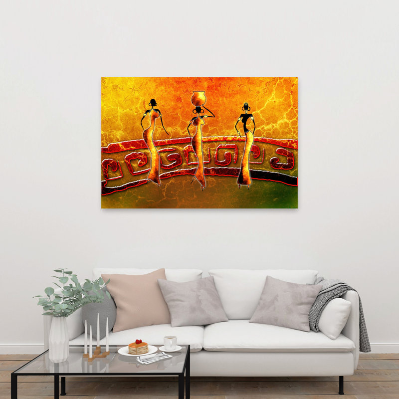 Art tribal africain de femmes tribales abstraites, paysage traditionnel moderne, 40" H x 60" W