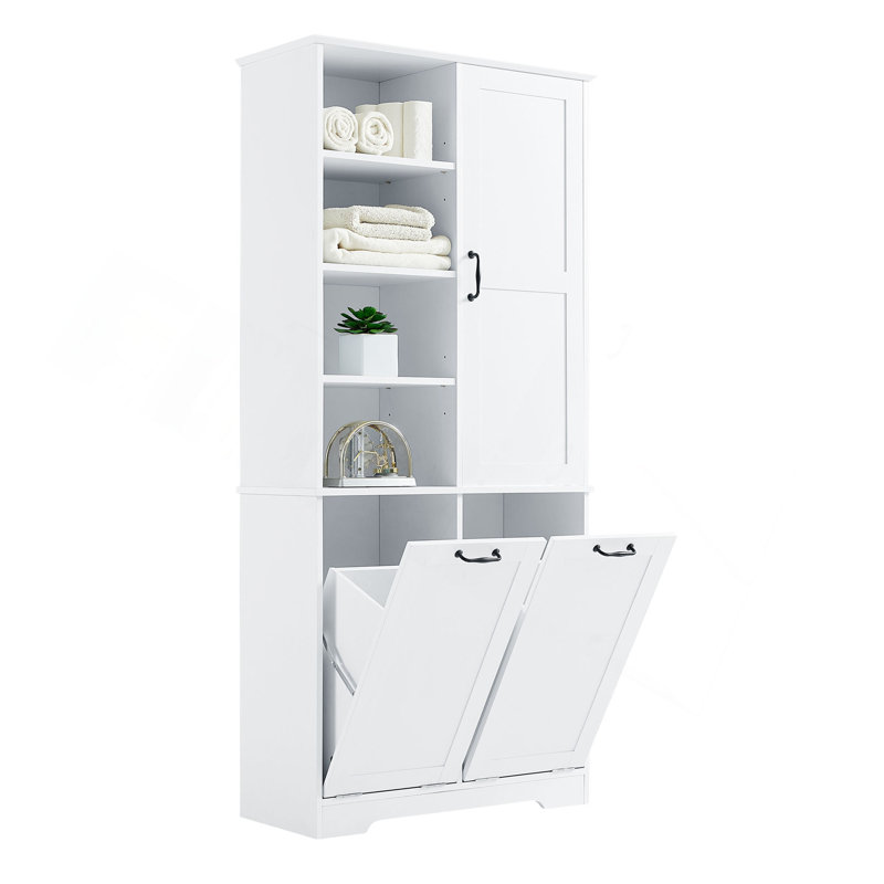 Armoire de rangement pour salle de bain avec portes et tiroirs, panier à linge inclinable, plusieurs espaces de rangement, style autoportant, tablette ouverte, tablette réglable, blanc