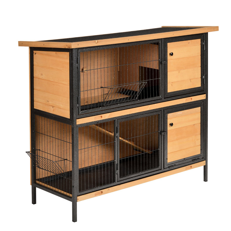 Cage à lapins 48 po avec structure en métal et bois massif, toit imperméable, plateau sans fuites, rampe d'accès facile en bois pour rampe 2, spacieuse