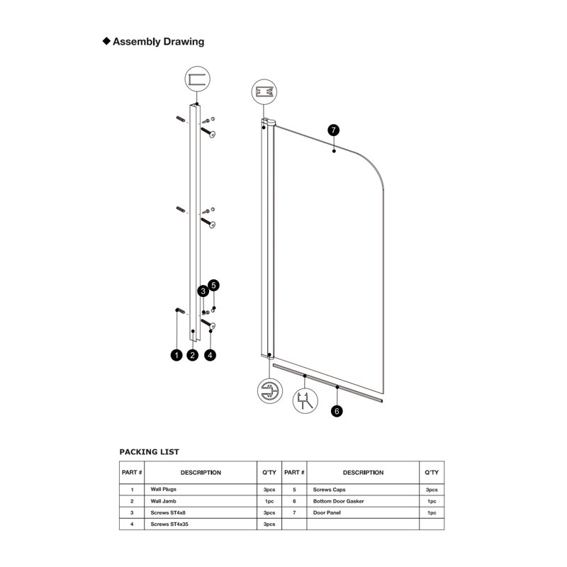 Porte de baignoire sans cadre l 35 po x H 55 po, Chrome