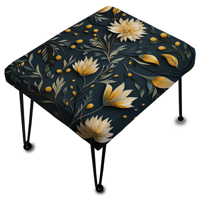 Repose-pieds rectangulaire jaune et bleu avec fleurs tranquilles et zen