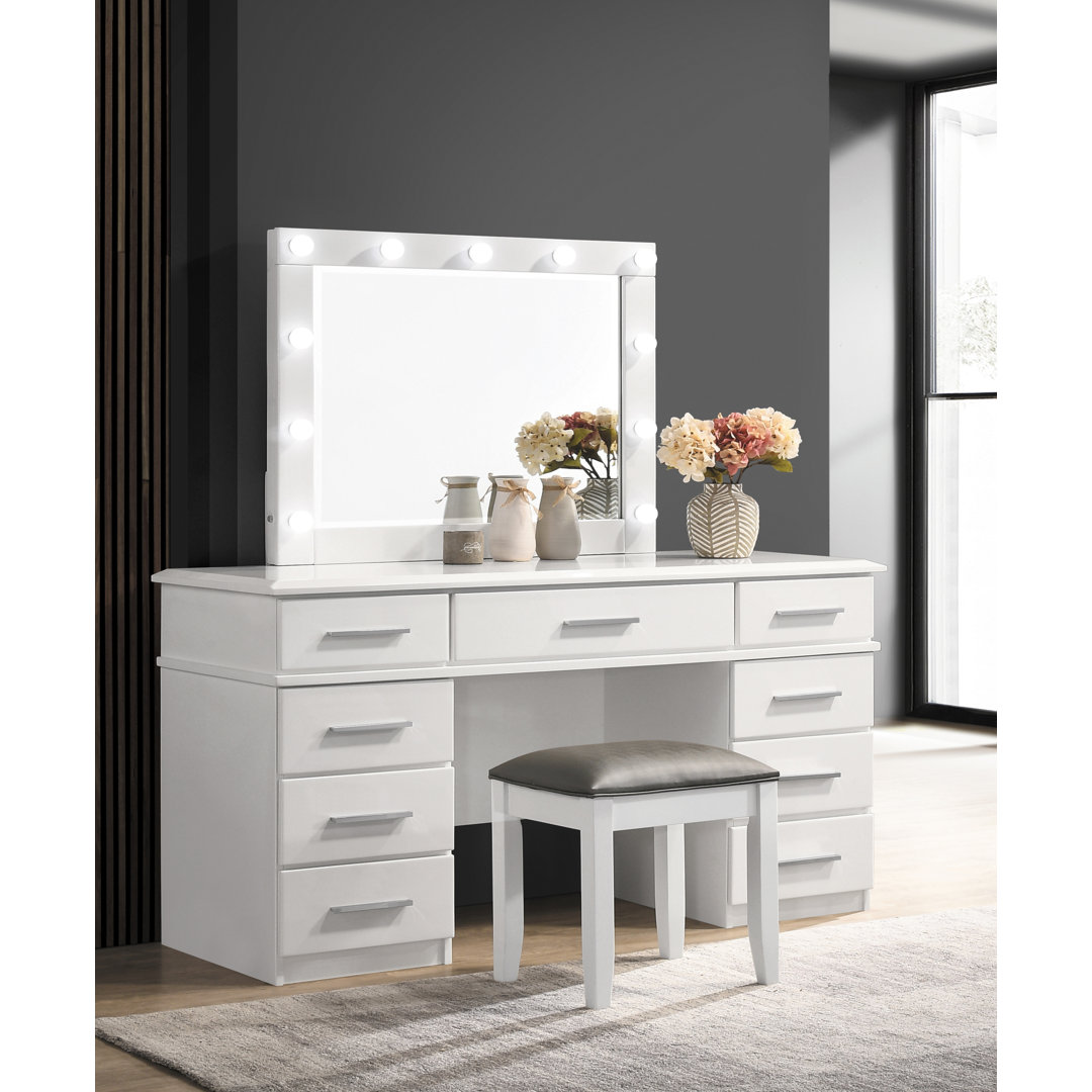 Vyara 9 - Drawer Vanity Desk with Lighted Mirror in Glossy White Orren Ellis