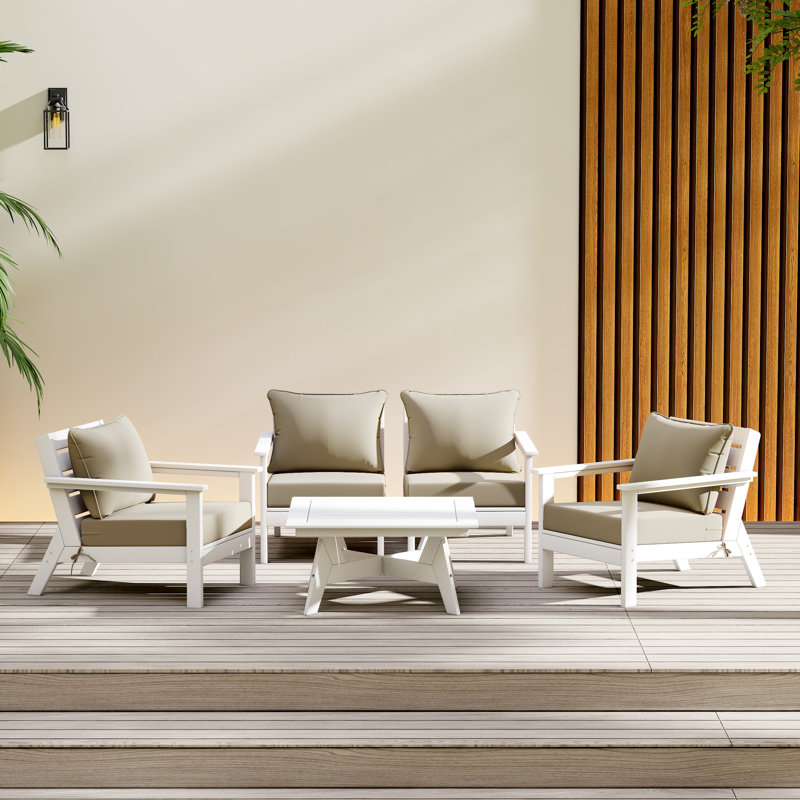 5-Piece Deep Seating Set, White, Beige