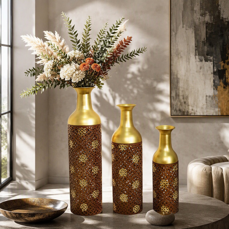 Ensemble de 3 vases décoratifs en métal à motif de feuilles rustiques