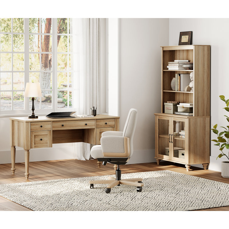 2 Piece Office Set, 56" Executive Desk & Bookcase With Glass Doors, Oak