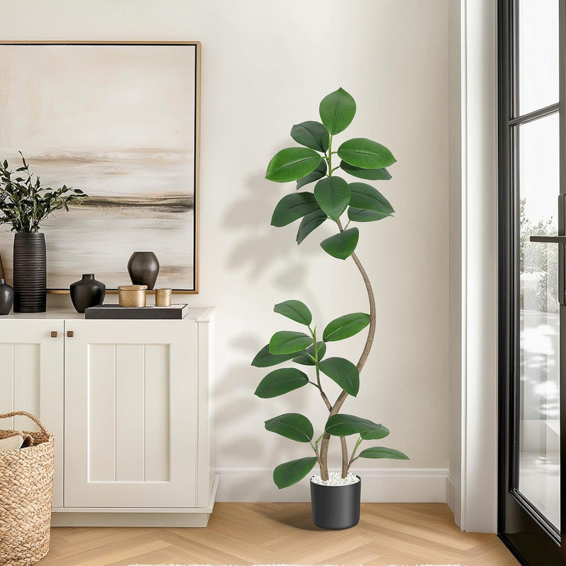 Hévéa artificiel 5/6 / 7FT avec pot de fleurs, véritable figuier figuier tactile pour décoration de bureau personnel, Noir