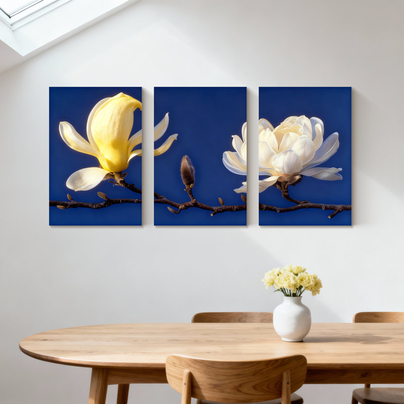 Magnolia fleur de magnolia sur fond bleu, ensemble de 3 impressions sur toile, H 36 po x l 72 po