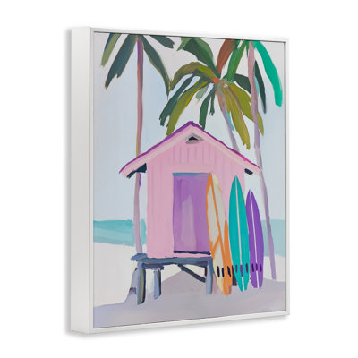Pink Beach Hut & Bright Boards Framed Giclee, design by Sisi and Seb