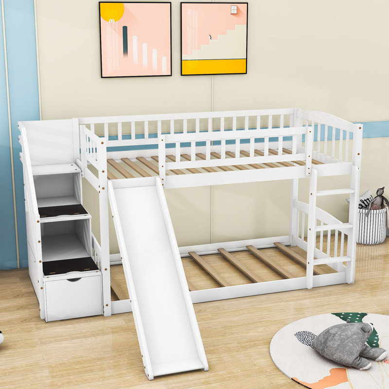 Twin Over Twin Wooden Standard Bunk Bed with Slide, White