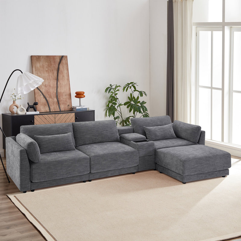Canapé modulaire en chenille 5 pièces avec console et repose-pieds Epiphany, Chenille beige
