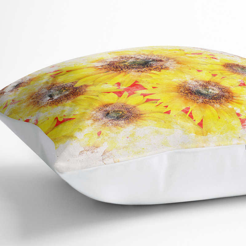 Wall of Sunflowers Watercolour Cushion with Filling, 40cm H x 40cm W x 15cm D, White